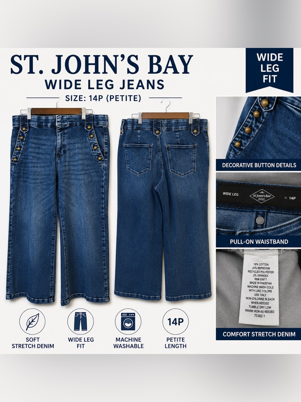 St. John’s Bay 14P Wide Leg Jeans Blue Denim Pull-On Pants Petite